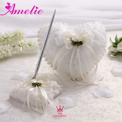 

With Free Shipping Retail Wedding Supplier Heart Lace With Flower Wedding Accessories Ivory Ring Pillow and Pen Holder set