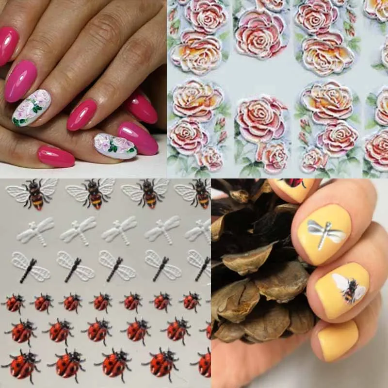  1sheet Engraved bee 3D Acrylic Nail Sticker Embossed lace Flower Water Decals Empaistic Nail Water 