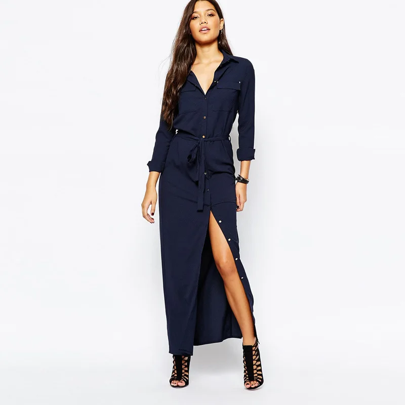 

OLGITUM 2018 New Fashion Spring Dresses Women Long Sleeve Maxi Dress Collar Buttons Long Chiffon Open Slit Casual Vestidos DR352