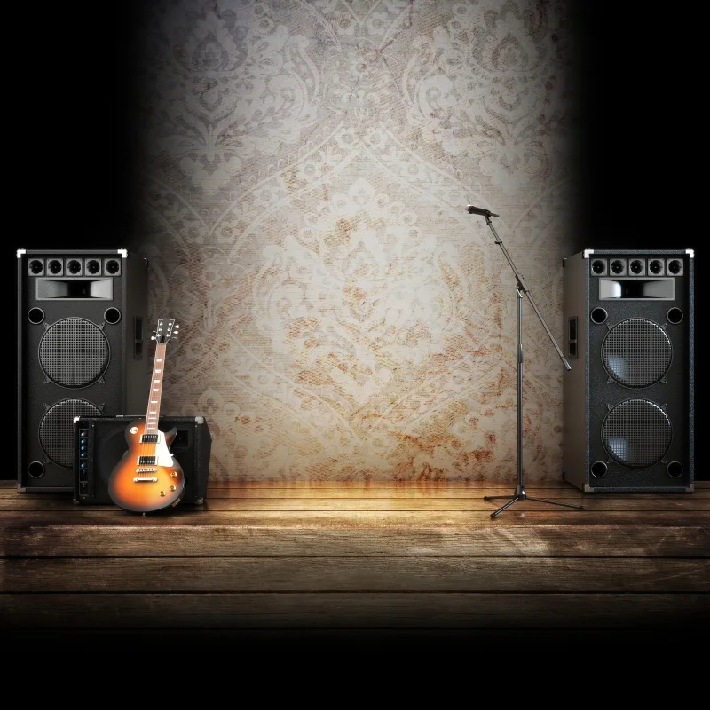 Music stage or singing background microphone guitar and speakers Photo Background Photography