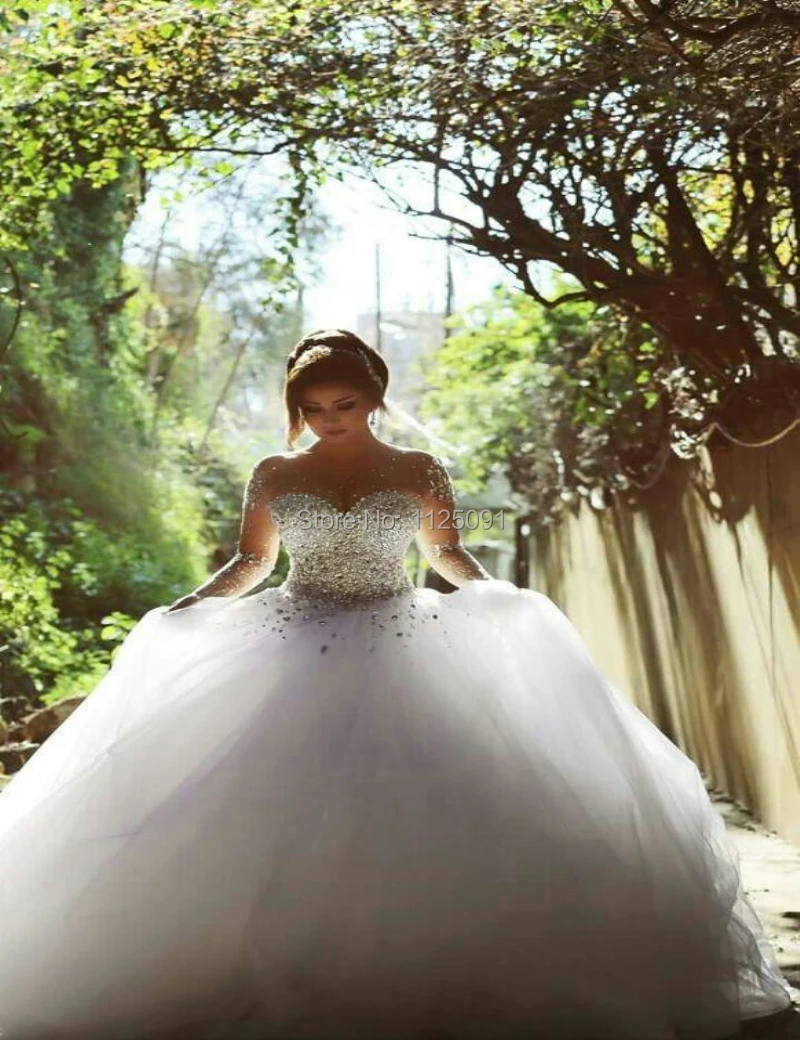 Потрясающее Новое свадебное платье с прозрачными рукавами, украшенное кристаллами, свадебные платья принцессы романтические платья невесты Vestido De Noiva