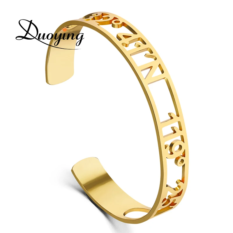 

DUOYING Hollow 10 mm Width Hollow Bar Bangle Latitude Longitude Personalized Open Bracelets Jewelry for Etsy Best Friend Gift