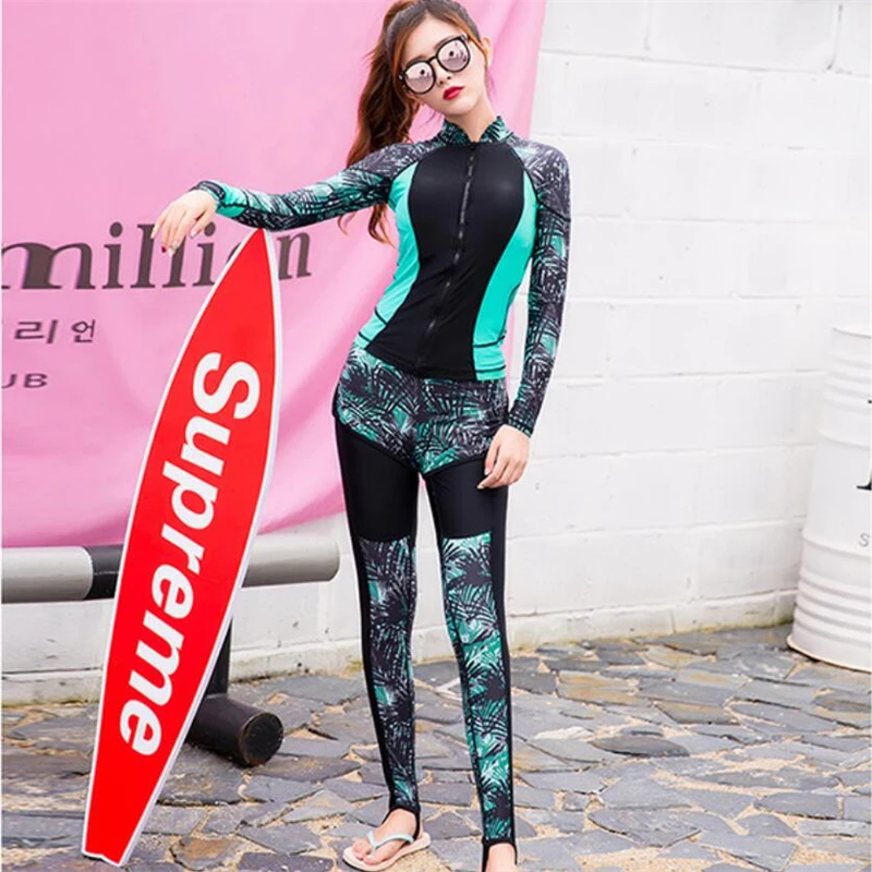 

2019 Korean style Fashion uv shirt for women rash guard swimwear zip up long sleeve surf wear swimsuit pants+shorts suit