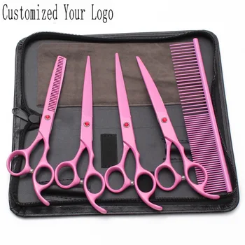 

5Pcs 7" Engraving Brand JP Stainless Grooming Scissors Straight Shears Thinning Scissors Professional Pets Shears Add Bag C3103