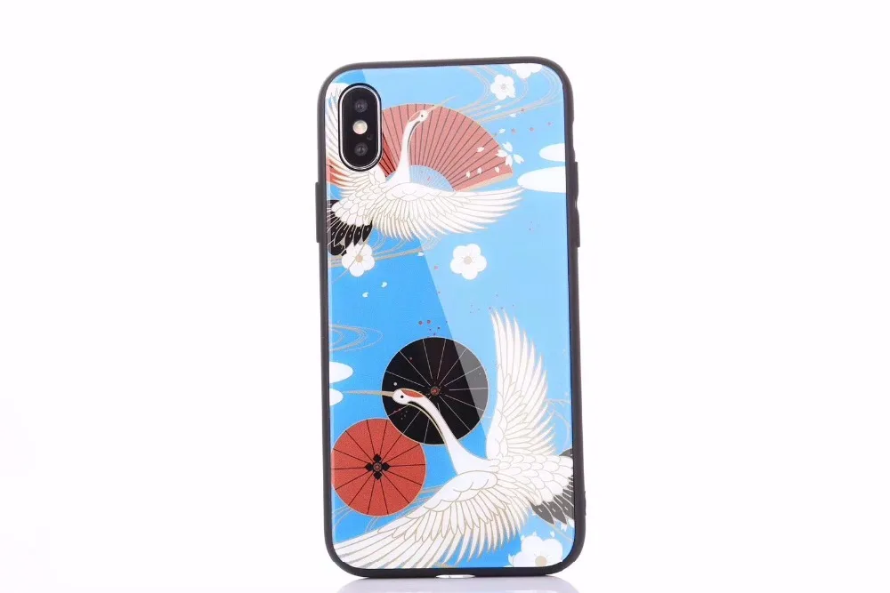 DuaGaiRen Japanese Style Crane Tempered Glass Back Case for iPhone 7 7plus 8 8plus 6s 6Plus X Phone |