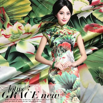 

150cm heavyweight classical printed fabric high imitation silk fabric lotus print dress chinese fabric wholesale cloth