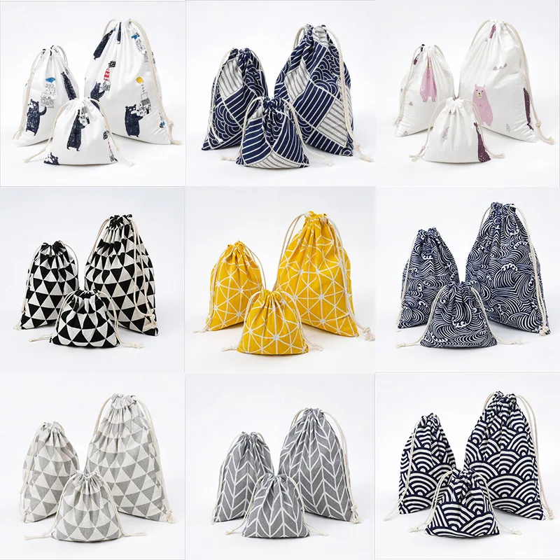 

3pcs/set Japanese Style Printed Drawstring Bag Draw pocket Storage Beam Lattice Wave Pattern Farmhouse Style Sack Bags