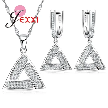 

Fashion Shining Crystal Cubic Zircon Triangel Shape Wedding Jewlery Set for Women Sterling Silver Necklace Earrings