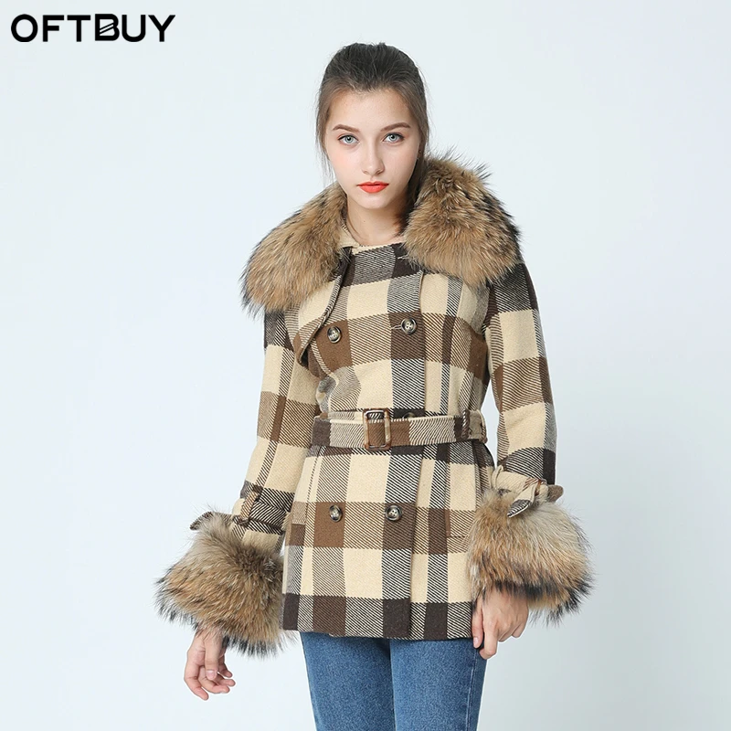 OFTBUY, новинка, повседневное осенне-зимнее пальто, женская верхняя одежда, парка, большой воротник из натурального меха енота, шерсть, в клетку, тонкая, толстая