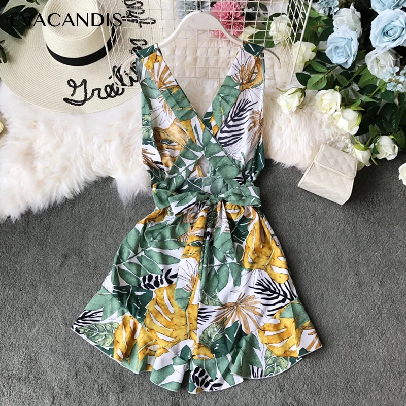 

Beach Boho Short Women Jumpsuit Summer Backless V Neck Sleeveless Rompers Overalls Korean Floral Print Plus Size Women Jumpsuit