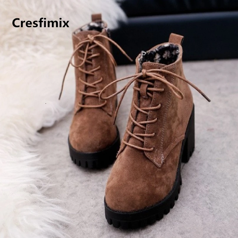 

Cresfimix bottes femme women fashion suede comfortable lace up high heel boots lady cool brown height increased boots c2678