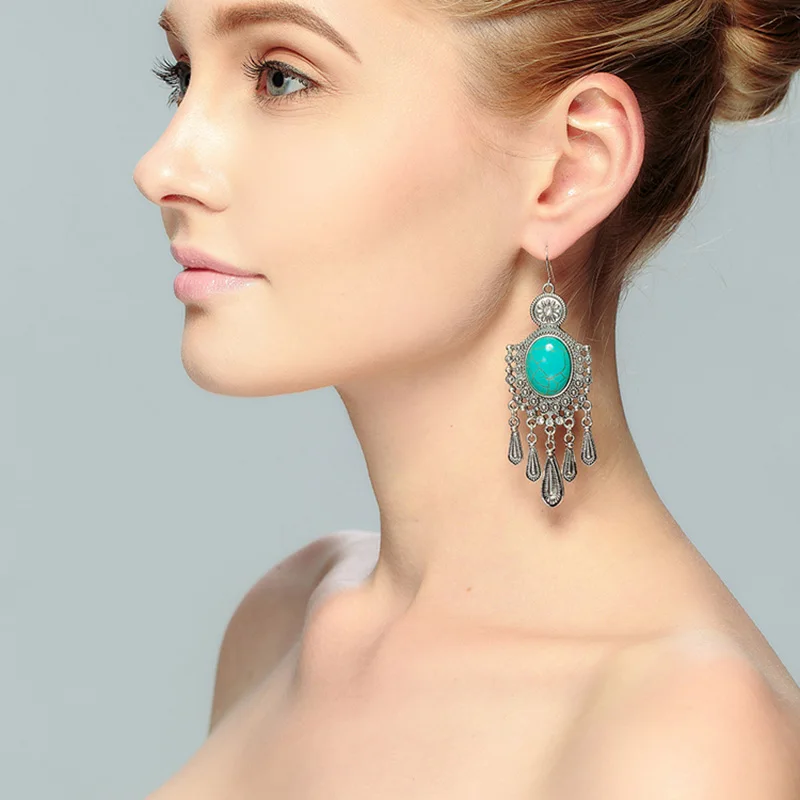 One Pair Bohemian Drop Earrings for Women Fashion Antique Silver/Gold Flower Long Dangle Earring Fine Jewelry