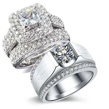 Его и ее кольца для пар Роскошные ювелирные изделия 14KT Белое золото закрепка паве установка 5A CZ цирконий принцесса Женское Обручальное кольцо набор