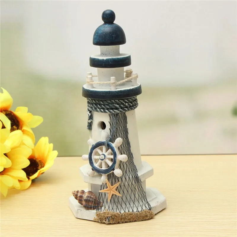 

KiWarm Handmade Wooden Mediterranean Lighthouse Light Tower Fishing Net Cover Star Fish Shells Lifebuoy For Home Decor Crafts