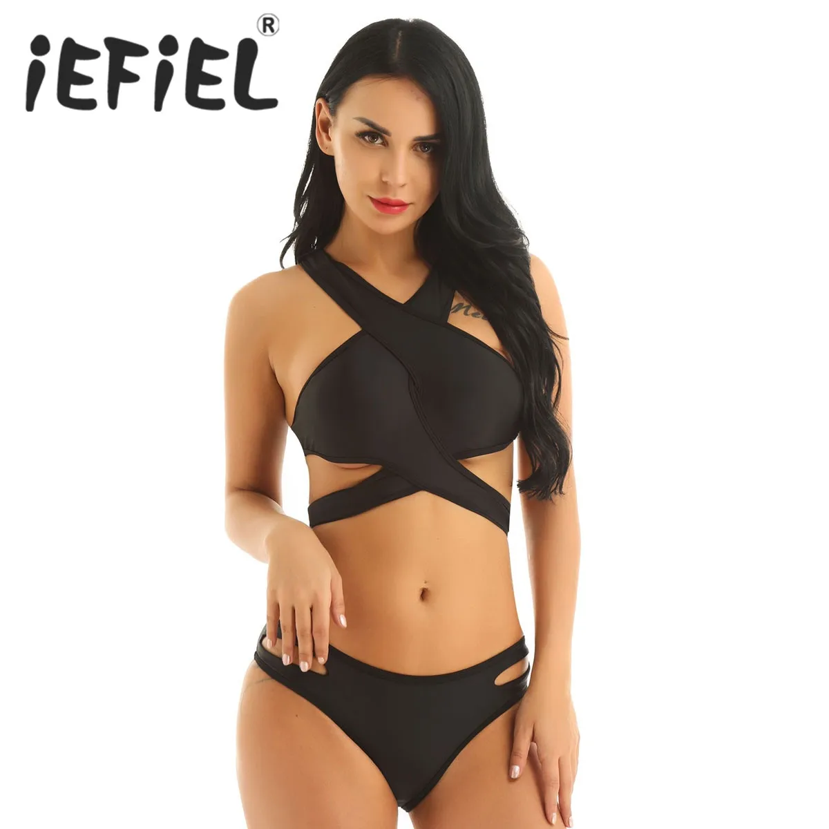 

Sexy Female Womens Two Ways Wearing Swimsuits Criss Cross Padded Wrap Bra Top with Strappy Bikini Bottom Set for Hawaii Travel