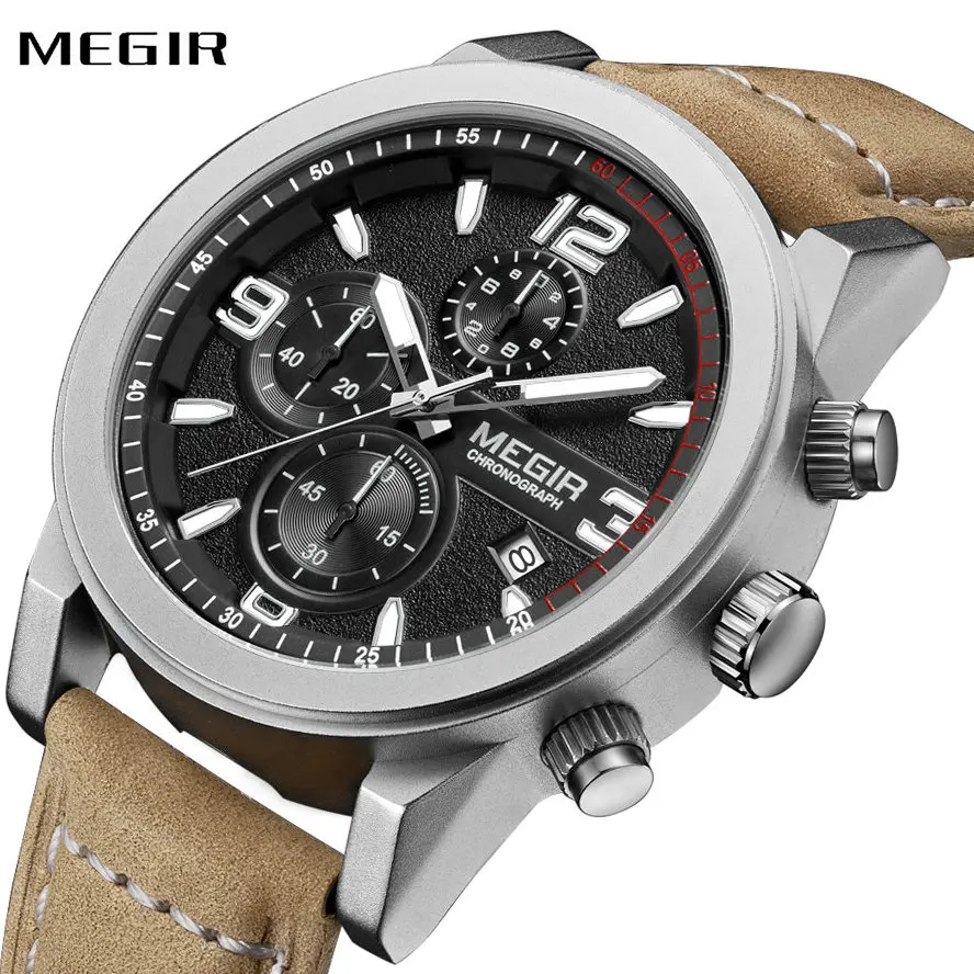 

MEGIR Casual Sports Men Quartz Wristwatches Nubuck Leather Strap Multifunction Chronograph Calendar Dial Male Fashion Watch