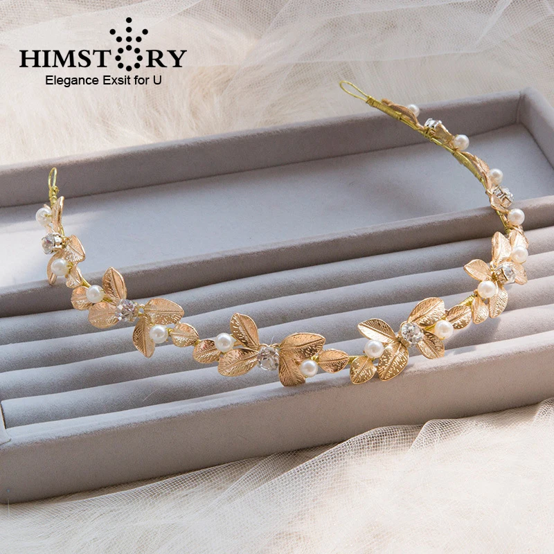 

HIMSTORY Elegant Handmade Crystal Pearl Hairband Gold Leaves Tiara Hair Jewelry Women wedding Engagement Chaplet Hair Accessory
