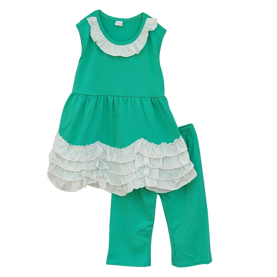 2016 Factory Selling Girls Boutique Clothing Set Sleeveless Multi layers White Lace Green Capris Baby Girl