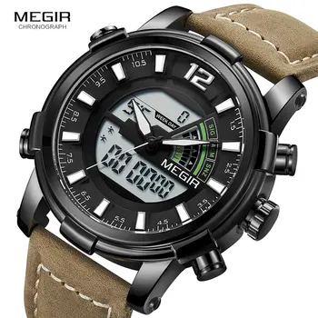 

Megir Men's Digital Chronograph Quartz Watches Sports Double Time Zone Leather Strap Luminous Hands Wrist Watch Man 2089G Black