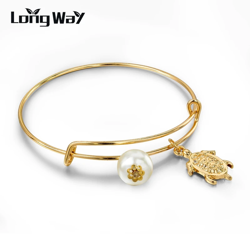 

LongWay Lovely Small Gold Color Turtle Bangles Adjustable Expandable Wire Simulated Pearl Bracelets Men Jewelry SBR150221