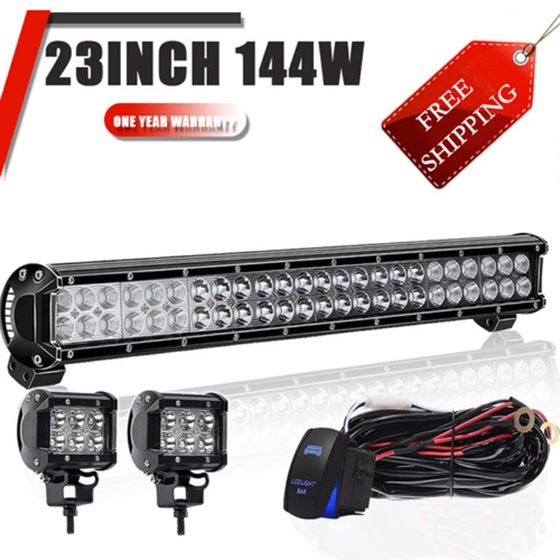 

23inch 144W Led Combo light bar+4inch Led Work Light Flood+harness Kit Driving Lamp For Offroad Driving Lamp Atv Suv 4WD