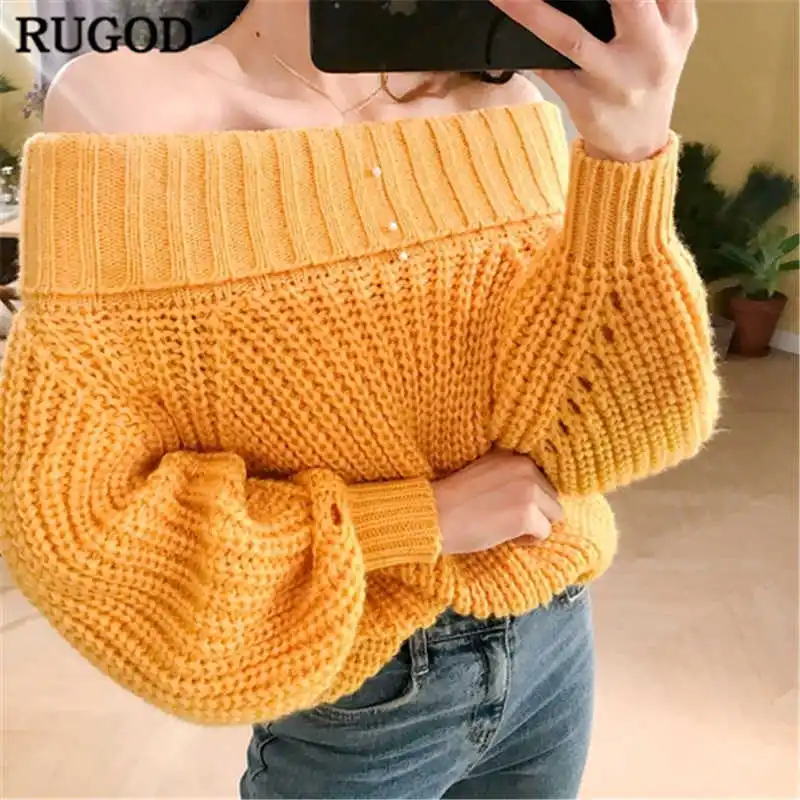 RUGOD новейший женский свитер с длинным рукавом и открытыми плечами, одноцветные женские пуловеры, Повседневная теплая зимняя одежда, свитеры для женщин invierno - Цвет: Золотой