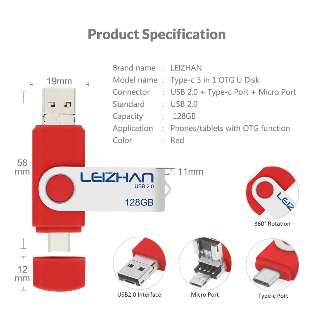 LEIZHAN 3 в 1 телефона Android OTG usb флеш накопитель Тип C photostick micro u диск 128 Гб 64 ГБ 32