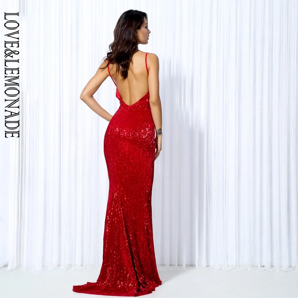 Женское длинное платье LOVE & LEMONADE красное эластичное с блестками модель LM80119|maxi
