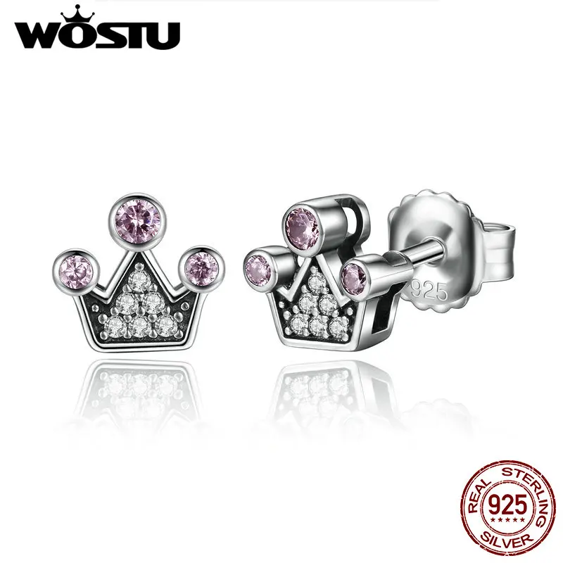 

Genuine 925 Sterling Silver Queen Crown Stud Earrings Wth Pink CZ For Women Authentic Luxury Fine DIY Jewelry Gift CQE026