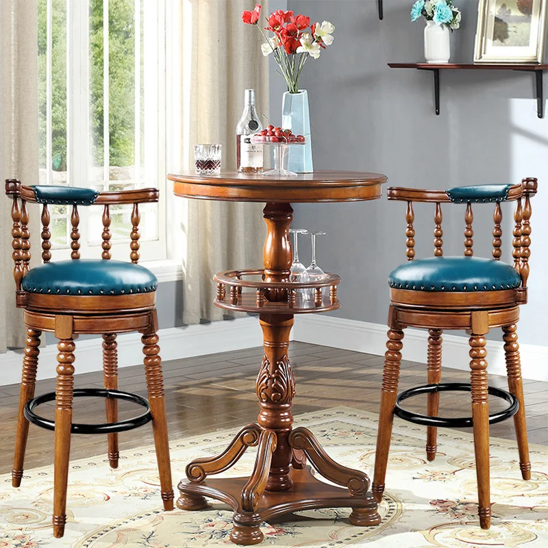Solid wood European style bar stool American retro high bar chair home