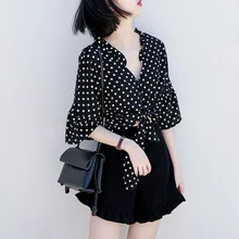 2018 Bow tie Women Casual Cropped sleeves Shirt Female Chiffon Shirts women’s Fashion Short Blouse Hot Sale Girls Slim Top