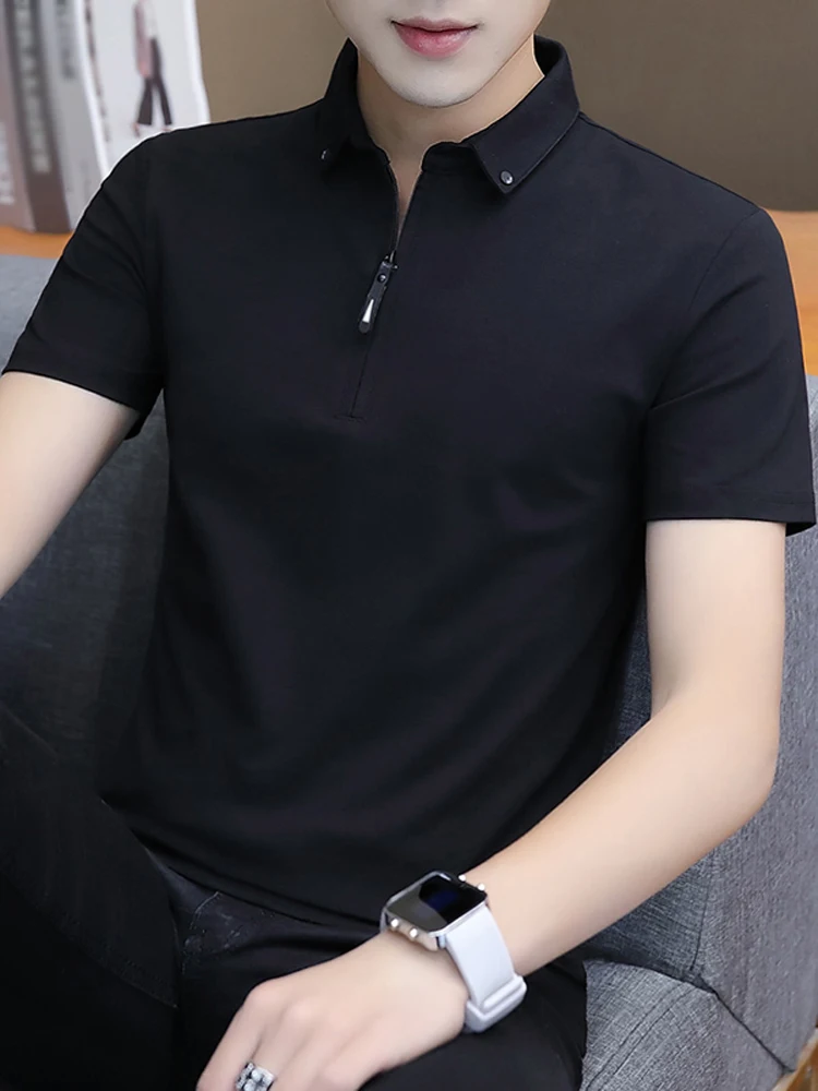 

Liseaven Men 2019 Turn-down Collar T-Shirts Slim Fit Cotton T Shirts Solid Color Short T-Shirt Men's Casual Shirt Homme