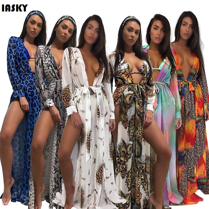 IASKY Купальник Cover Up 2018 женский сексуальный принт леопардовый чехол-UPS длинное платье пляжный кардиган купальный костюм Cover Up