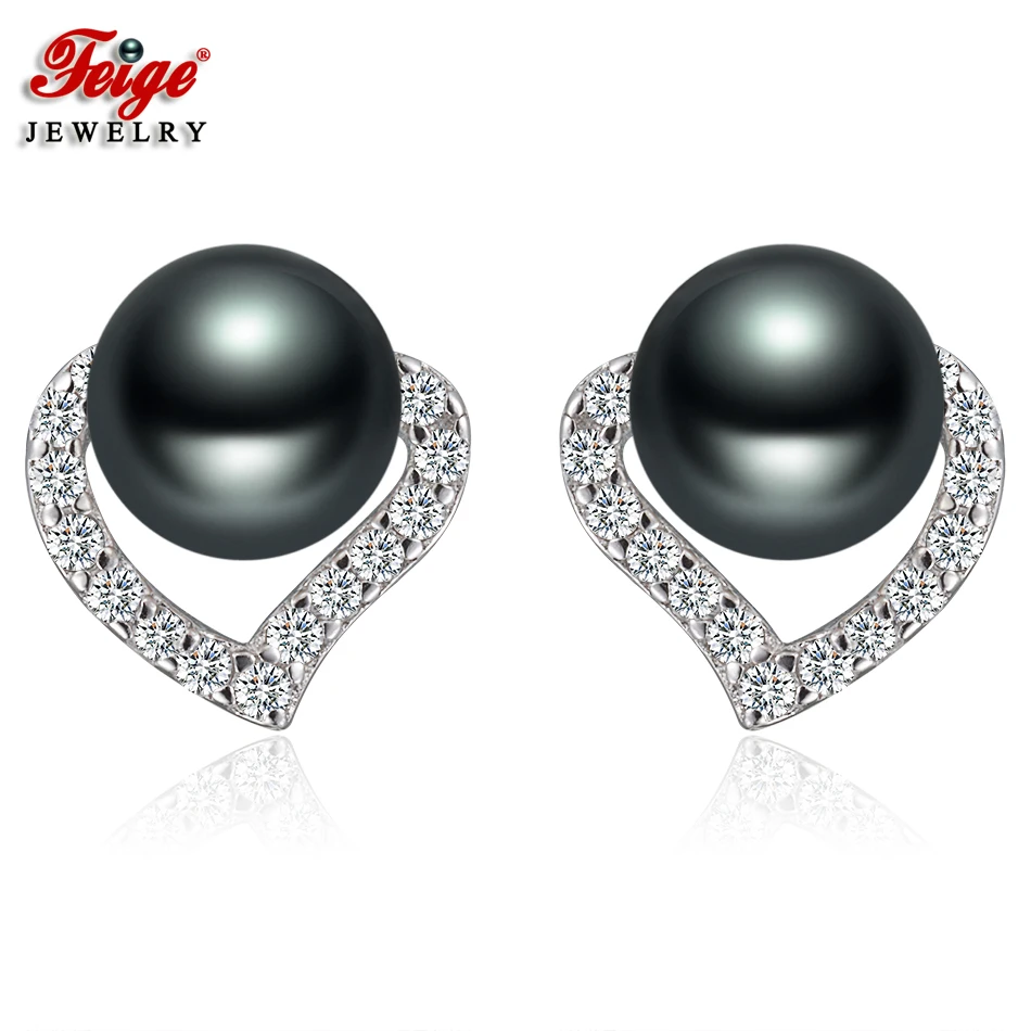 

FEIGE Fine Jewelry Heart Earring 925 Silver Stud Earring 6-7mm Black Freshwater Pearl Earring for Women La moda Pendientes Perla