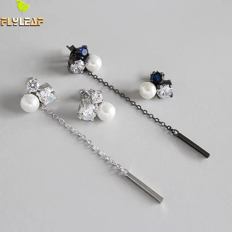

Flyleaf 925 Sterling Silver Earrings For Women Asymmetry Zircon Shell Pearl Jewelry Simple Dangle Drop Earings Fashion Jewelry