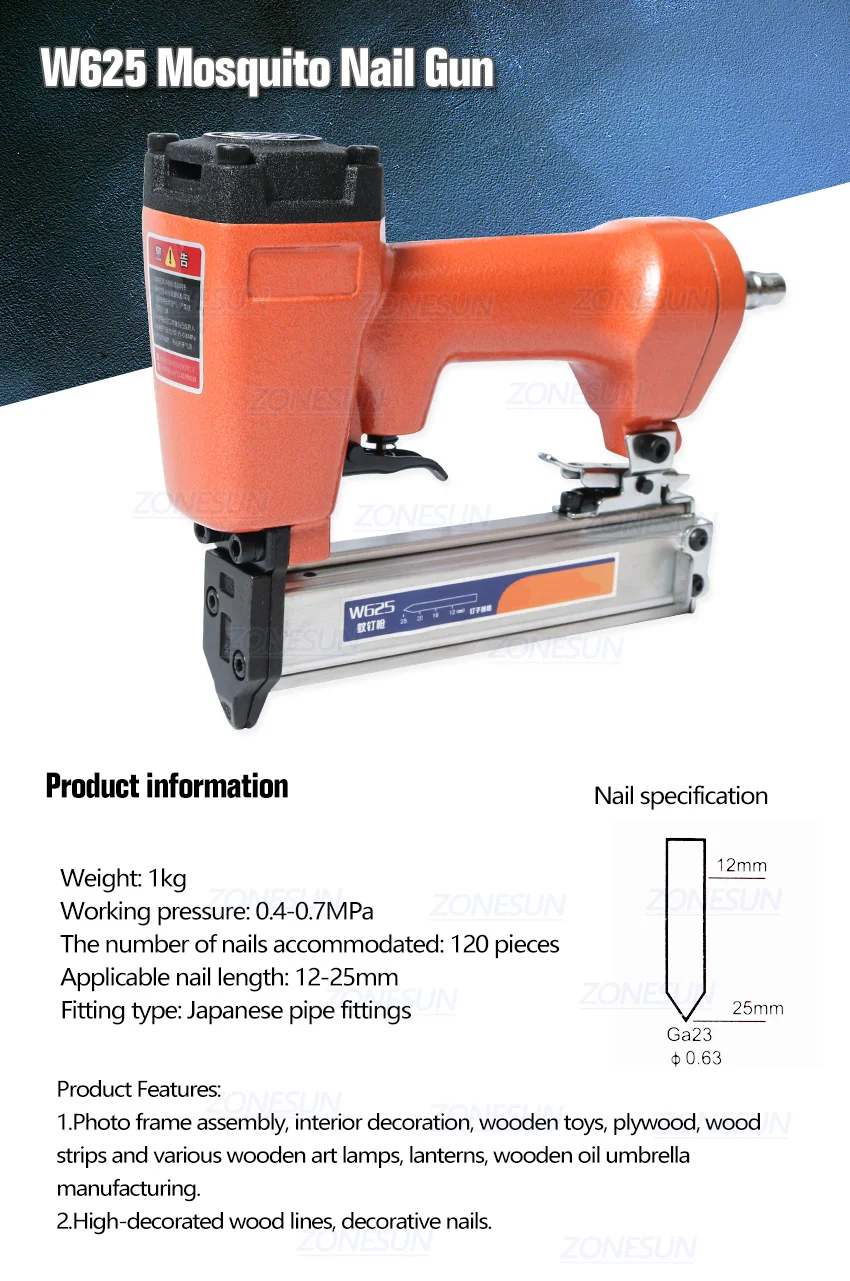 ZONESUN W625 москитный пневматический гвоздь пистолет воздушный степлер степлинг машина для мебели Деревообработка столярные украшения плотник