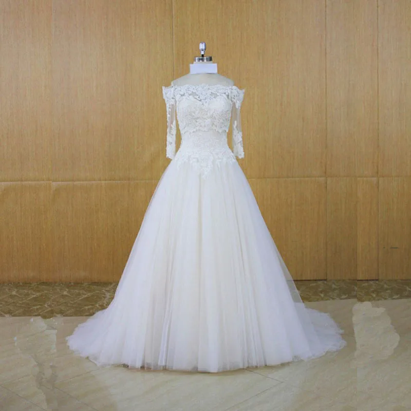 

New Off Shoulder Popular Boat Neck lace Appliques Wedding Dresses Vestidos Robe De Mariage Vestido De Noiva