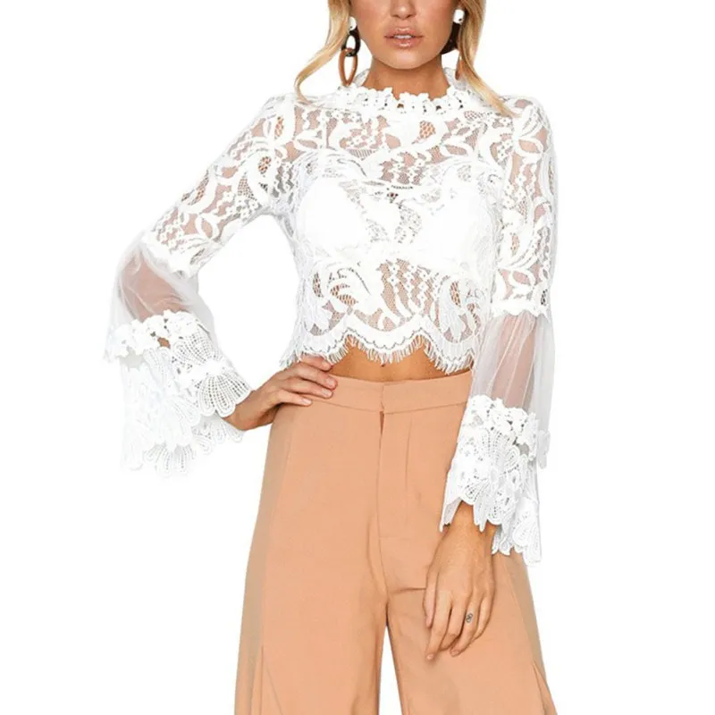 

Flared Sleeve Sexy Lace Blouse White Perspective Lace Fashion O Collar Women's Short Top