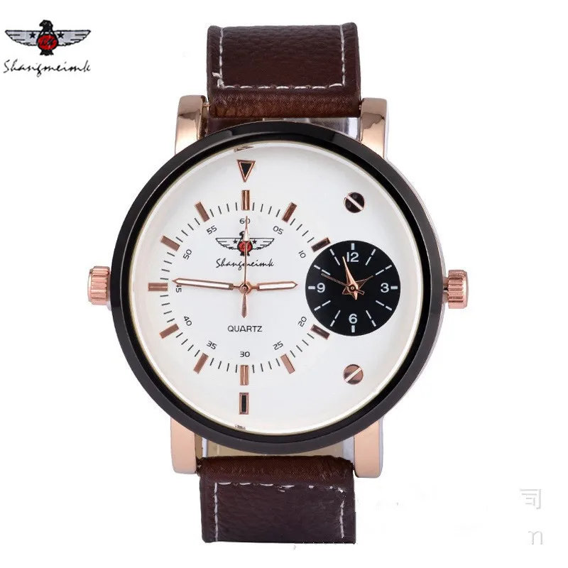 

New Fashion Watch Men Leather Strap Creative Ultra Brief Double Pointers Dial Casual Quartz Wristwatch Individuality Clock 2017