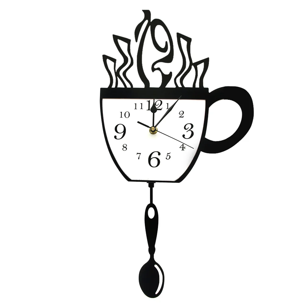 

Coffee Cup and Spoon Creative Pendulum Wall Clock Modern Design Kitchen Wall Watches Wall Art Decor For Cafe Shop Room