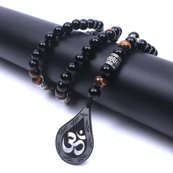 

Natural Stone Onyx Tiger Eye Stone Beaded Women&Men Yoga Necklace Stainless Steel OM Long Necklace Handmad Fashion Jewelry