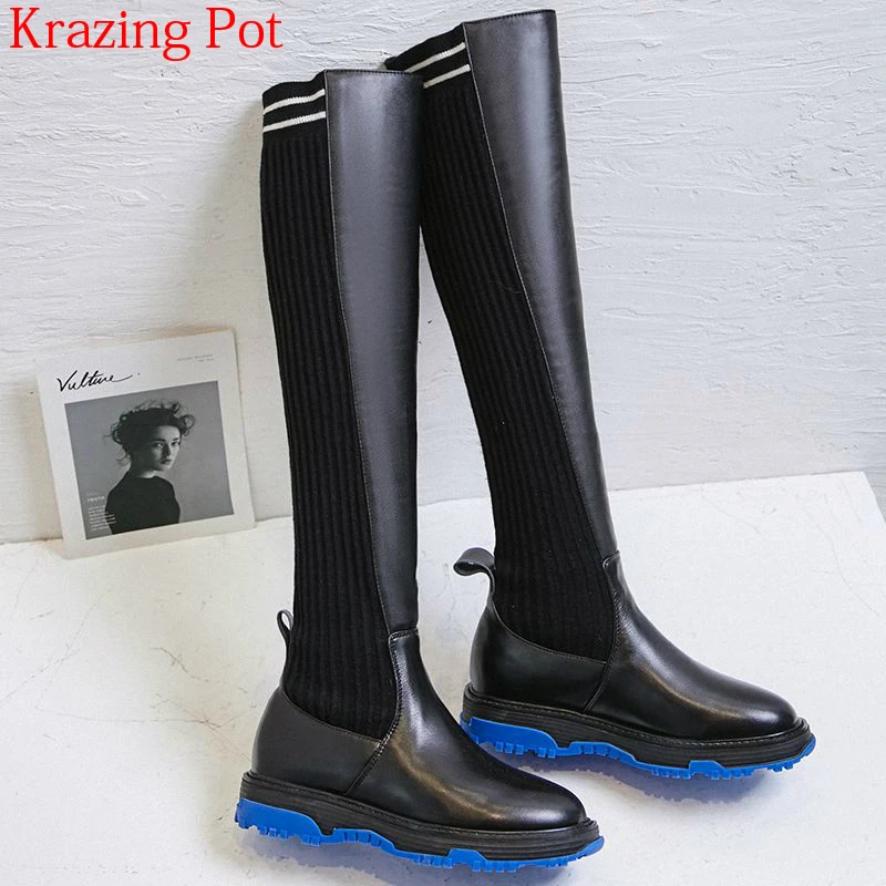 

2018 Superstar Knitting Genuine Leather Thigh High Boots Stretch Wedges Motorcycle Round Toe Fashion Over-the-knee Boots L73