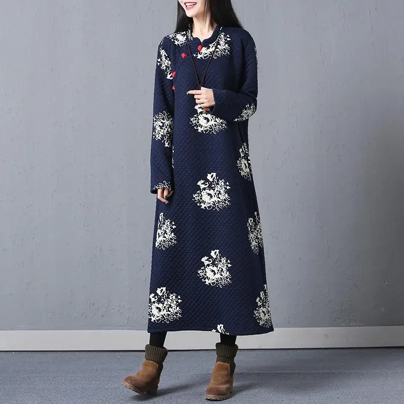 

Women Winter Retro Loose Plus Size Slim Print Cotton Padded Dress Long Paragraph Warm Long Skirt Maternity Gown Pregnant Robe