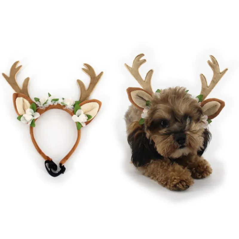 Новинка года! Рождественские шапки для собак с изображением оленя и цветов, головные уборы для собак, кошек, аксессуары для животных принадлежности 3 размера