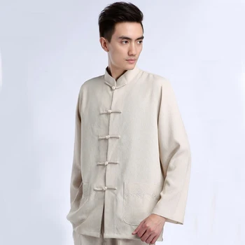 

Autumn Winter Chinese Men Tunic Suit Tops Mandarin Collar Vintage Coat Beige Kung Fu Jacket Size M L XL XXL XXXL 2505