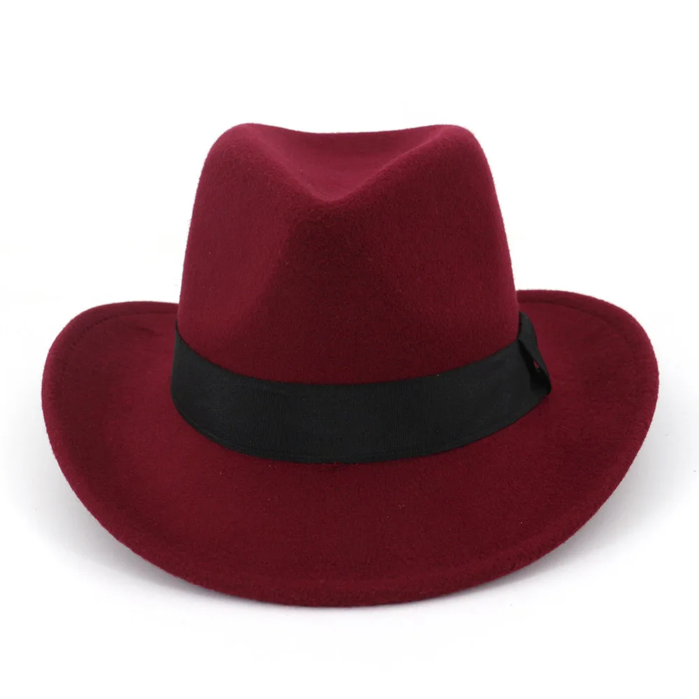 FS Unisexs ковбойские шляпы винно-красные черные винтажные фетровые шляпы из Трилби с закручивающимися полями женские зимние шерстяные фетровые шляпы с лентой - Цвет: FS1416 5