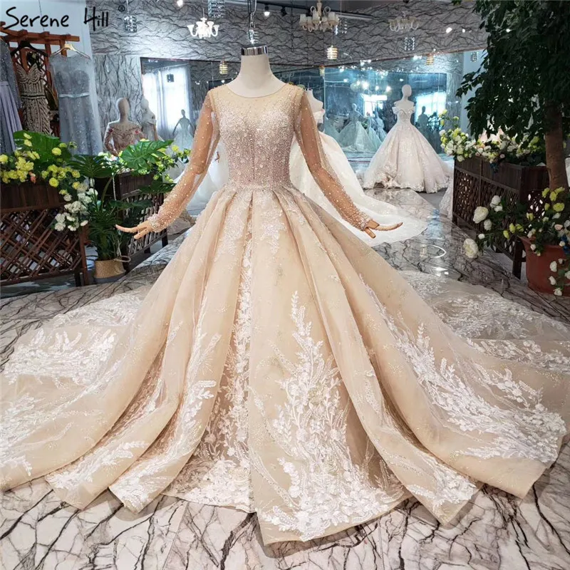 

High-end O-Neck Luxury Big Train Wedding Dress 2019 Long Sleeve Handmade Flowers Sparkle Bride Gowns Custom Made