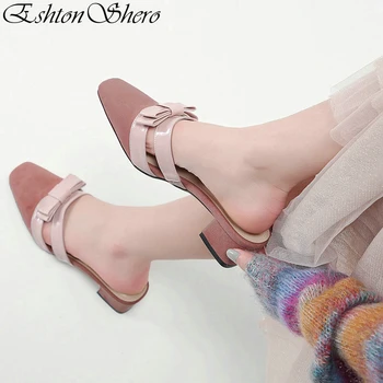 

EshtonShero Women's Shoes Woman Pumps Mules Platform Kid Suede Pointed Toe Summer Platform Pink Ladies Wedding Shoes Size 3-9