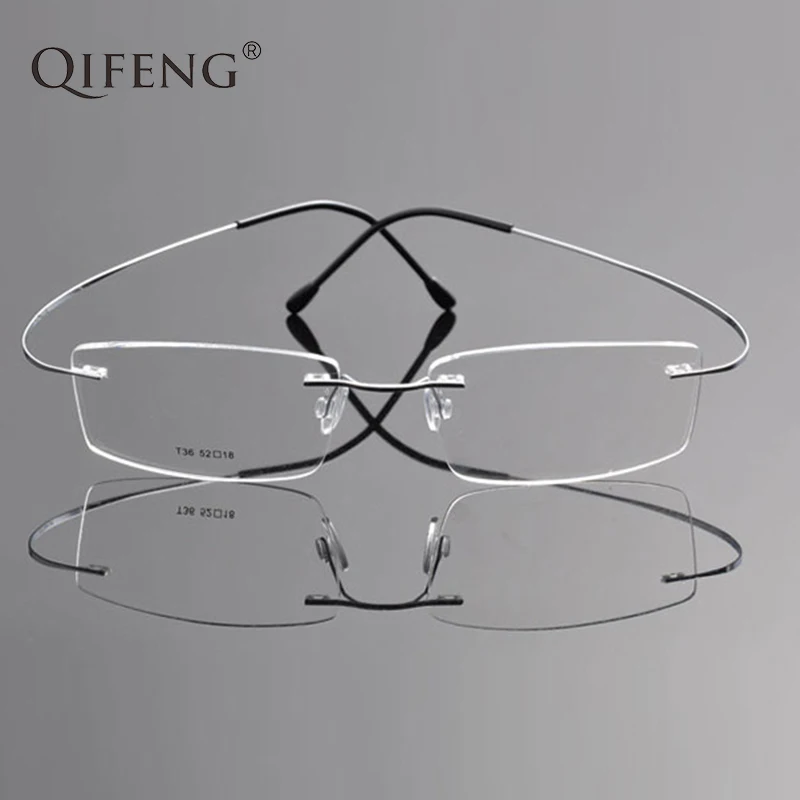 

QIFENG Spectacle Frame Eyeglasses Men Computer Optical Pure Titanium Rimless Ultralight Clear Lens Glasses Frame For Male QF190