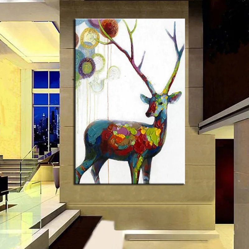 

Large Beautiful Painting Hand Painted Abstract Animal Oil Paintings on Canvas Knife Longhorn Deer Pictures Home Decor Wall Art